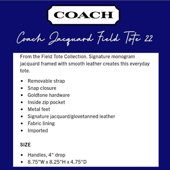 Coach RETAIL Jacquard Field Tote 22 in Navy - Picture 7 of 13